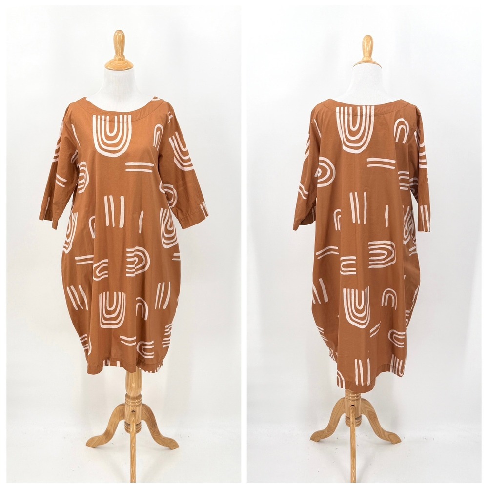 GRADE + GATHER Arc Print Dress Womens Small Brown Cocoon Oversized Relaxed Fun